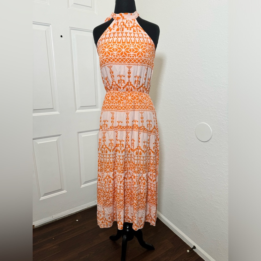 Orange Geometric Print Halter Dress